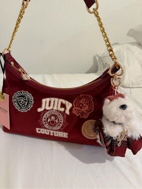 Juicy Couture Burgundy Embroidered Patch Shoulder Bag with Gold Chain
